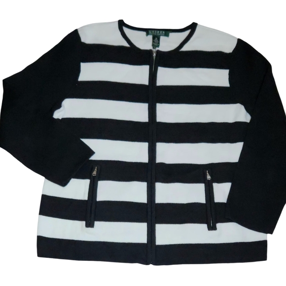 Ralph Lauren Women's Striped Black & White Cotton Knit Full Zip-Up Sweater M - Picture 1 of 10
